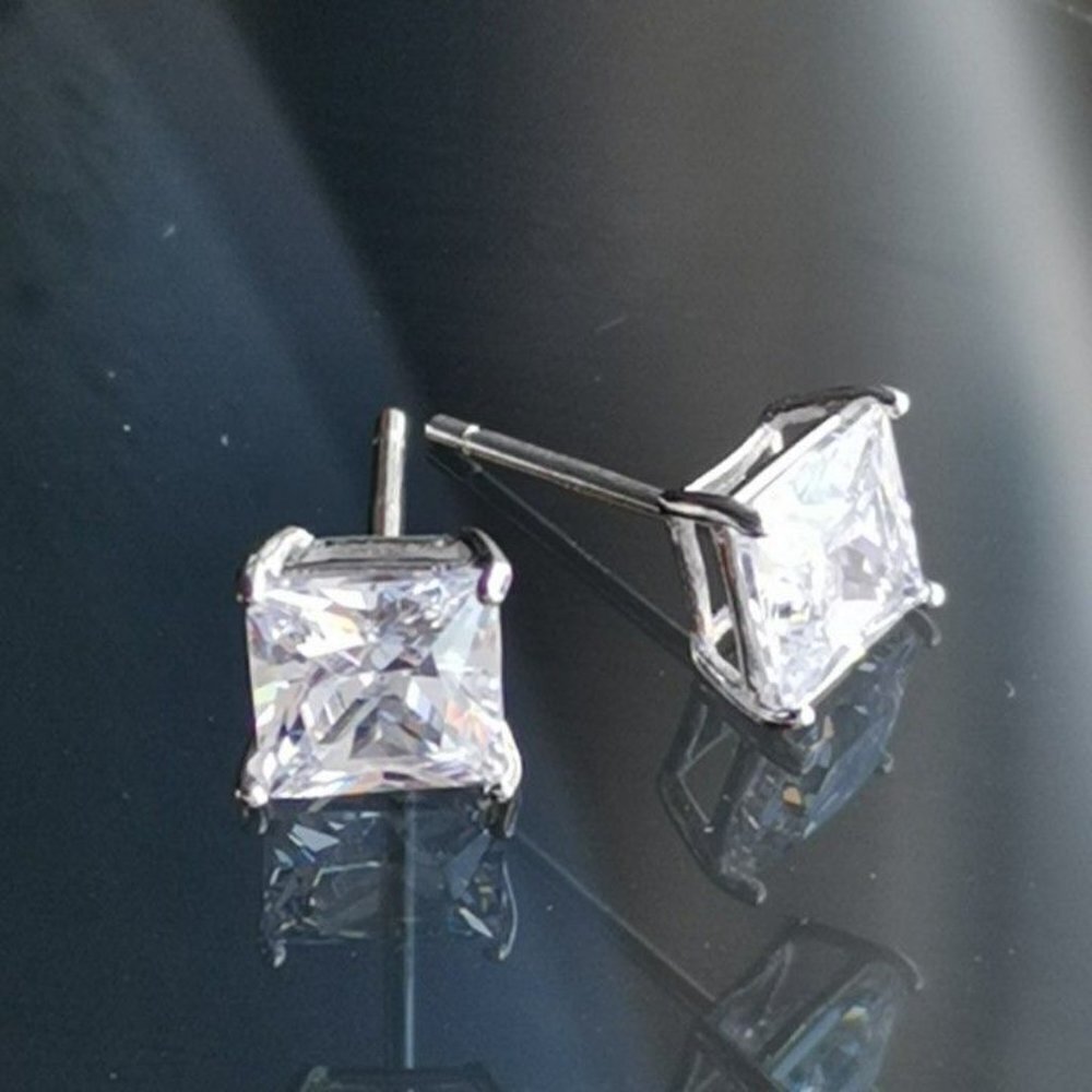 Sterling Silver CZ Emerald Cut Square Stud Earrings